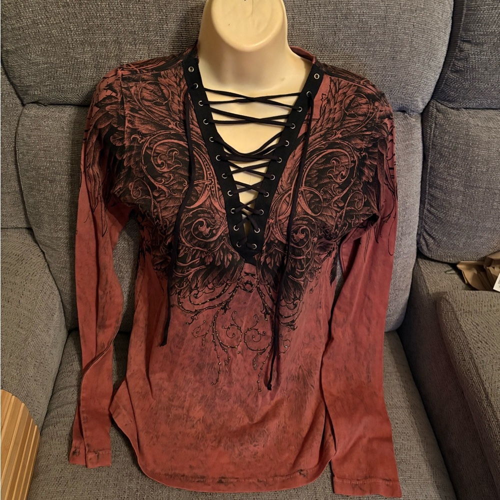 Affliction Red and Black Lace-Up Long Sleeve Top